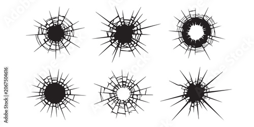 Tableau sur toile Set of six black vector bullet hole icons showing cracked glass and shattered wi
