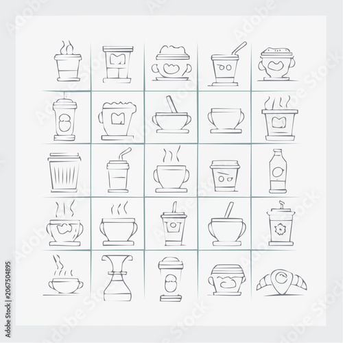 Hand drawn coffee and tea beverage icon collection.