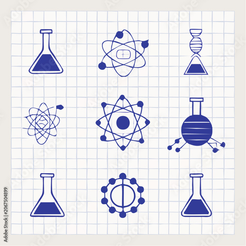 Hand-drawn blue science icons on grid paper.