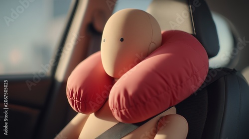 Crash test dummy in car wearing travel pillow and seatbelt, symbolizing road safety, comfort for long journeys, and passenger protection during vehicular transport