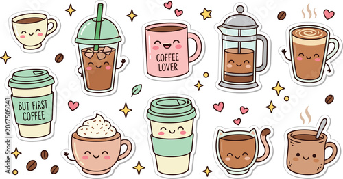 Cute Coffee Characters Sticker Pack Vector Set, Kawaii Cafe Mascot Cartoon Illustrations Isolated on White Background