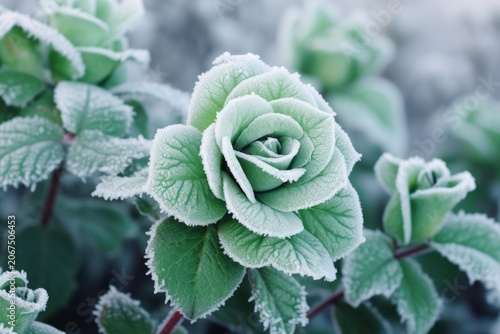 Nature's green leaves are covered with delicate white ice crystals during winter's cold