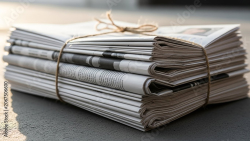 Stack of folded newspapers tied with twine on a sidewalk in morning light, concept of journalism and daily news delivery.