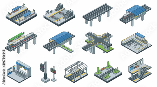 Isometric collection of modern transportation infrastructure elements, including stations and overpasses.