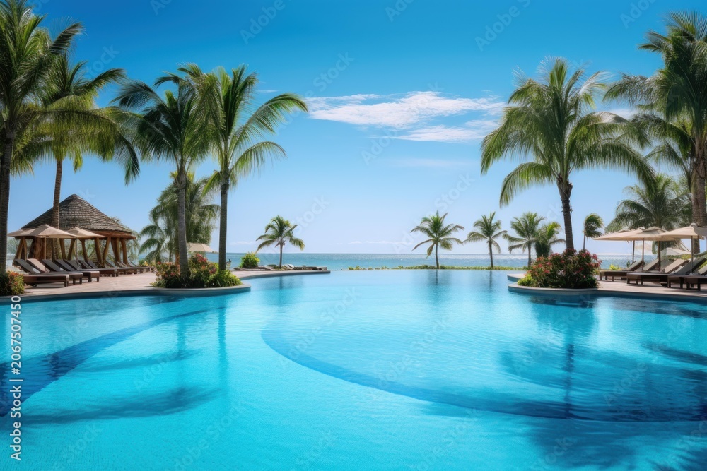 Fototapeta premium Infinity pool overlooking the ocean, surrounded by palm trees and lounging areas at a tropical resort