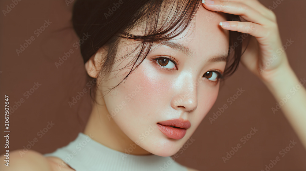 Naklejka premium Natural beauty portrait of young Asian woman with glowing skin and minimal makeup