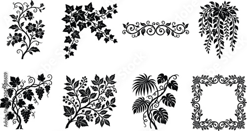 Obraz na plátně Collection of decorative plant vector silhouettes and floral templates including ivy trailing vines monstera and square leaf frame in image_e9586b