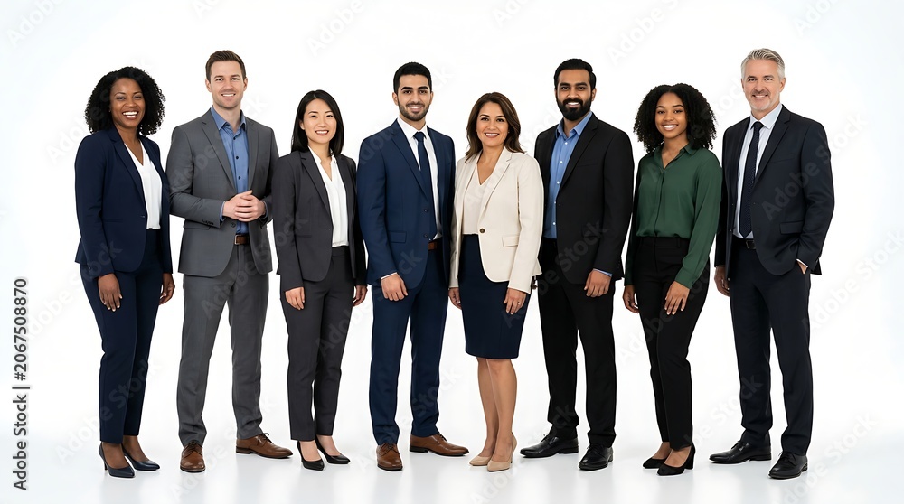 Obraz premium A diverse group of professionals stand together, showcasing teamwork and corporate unity in a studio setting