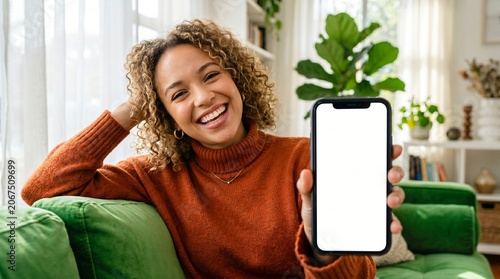 Happy young woman holding mobile phone in hand showing cellphone display, presenting big white blank cellular display template mock up, smartphone mockup screen for digital application promo ads.