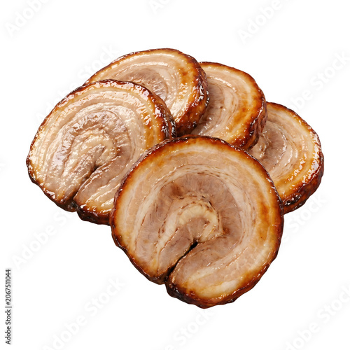 Slices of roasted Japanese chashu pork belly isolated on white background ramen ingredient concept

