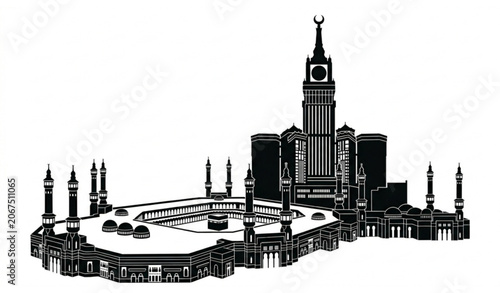 Cuadro en lienzo Makkah City Skyline Holy Kaaba and Clock Tower Silhouette Vector Illustration