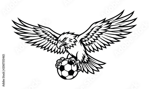 Fierce eagle swooping down catching a soccer ball black and white vector illustration for sports mascot logo