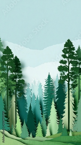 Forest scene with tall evergreen trees and distant mountains