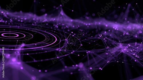Abstract purple digital network connection lines and circles data background