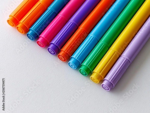 Bright colored markers lie in a neat row