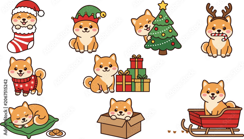 Obraz premium Cute kawaii Shiba Inu dog cartoon character collection with Christmas holiday activities and adorable winter sticker illustrations