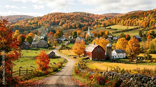 Vibrant New England Autumn Village: Historic Church, Red Barn, Winding Road, and Colorful Foliage