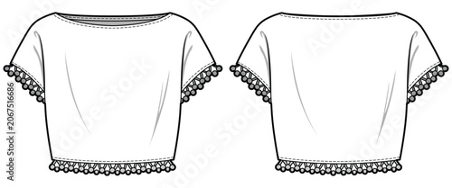 Foto Women Sleeveless cropped blouse with bell tassel  boarder design flat sketch fashion illustration drawing with front and back view
