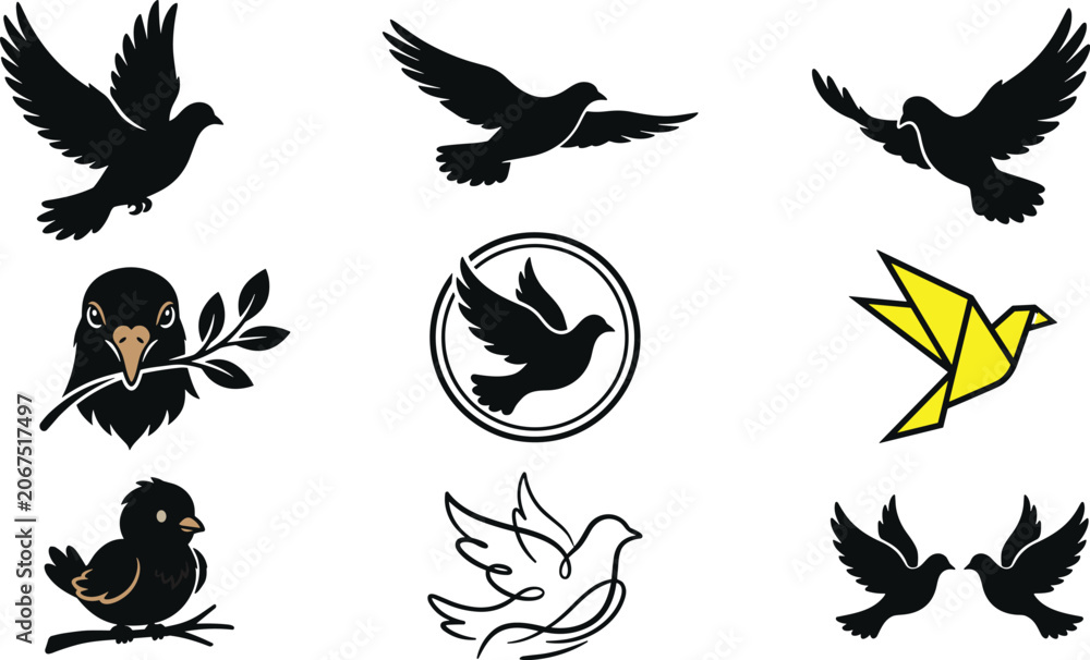 Obraz premium Black bird silhouette collection with flying, perched and peace dove icons, elegant wildlife vector illustration set