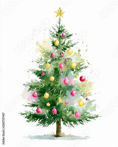 Watercolor Christmas tree with pink and yellow ornaments