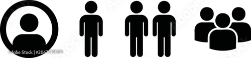 User profile and people icons set black silhouettes of single person, couple, and group of three