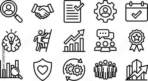Business and human resources line icons set management, teamwork, career growth, success, and strategy outline vector icons
