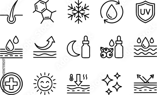 Skincare and dermatology line icons set cosmetic ingredients, hydration, uv protection, antiaging, night serum, and skin care routine vector