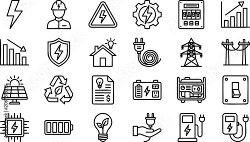 Electricity and power line icons set electrical engineering, renewable energy, utility, and power generation outline vector icons