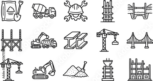 Construction and civil engineering outline icons set vector illustrations of heavy machinery, building materials, tools, and infrastructure