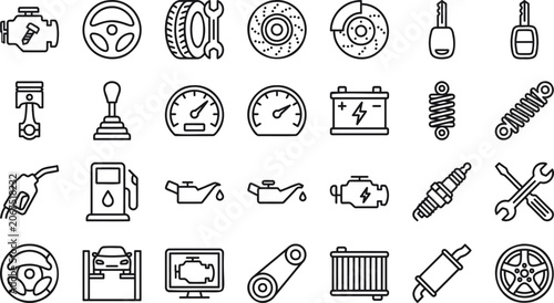 Car repair and auto service line icons set automotive parts, maintenance, diagnostics, and garage tools vector outline symbols