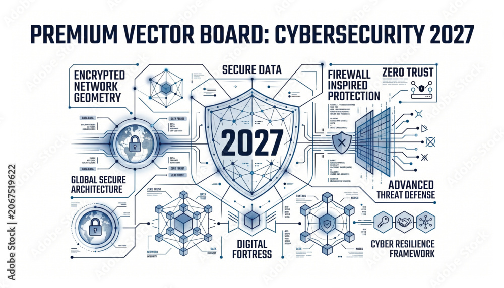 Fototapeta premium Premium vector cybersecurity dashboard infographic 2027 with cybersecurity security protection encryption technology infographic abstract geometric blueprint information connectivity