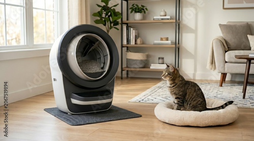 Cat observing automatic self-cleaning litter box in modern living room setting. Cat exploring cozy space with litter box featuring innovative design, enhancing pet care experience.
