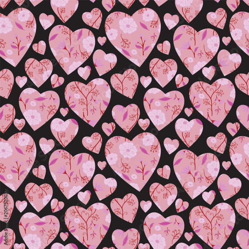 Seamless Heart Pattern Vector with Pink Floral Hearts on Black Background for Valentine Day Fabric Textile Wrapping Paper and Surface Pattern Design