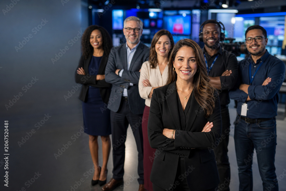 Fototapeta premium Diverse television newsroom team standing in modern broadcast studio, led by female news anchor, with journalists, producers, camera operators, and media professionals.