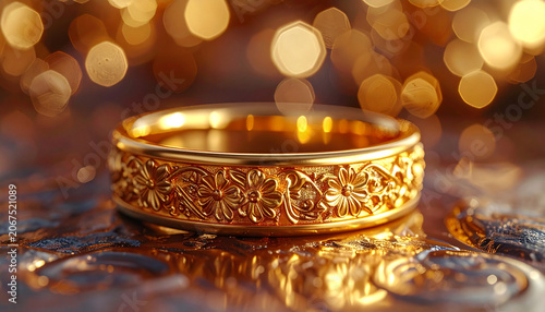 Elegant gold ring with floral carvings on a reflective surface