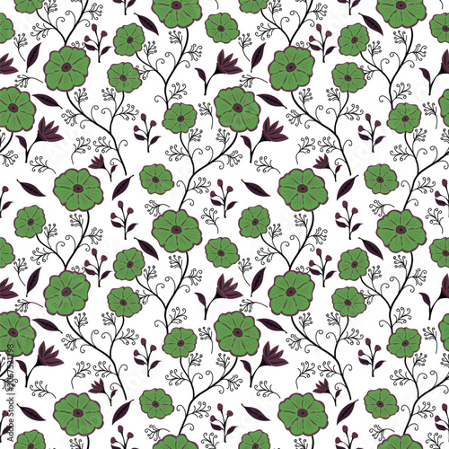 Seamless Floral Vector Pattern with Green Flowers Purple Leaves and Dark Stems on White Background for Textile Fabric Wallpaper Wrapping Paper and Surface Pattern Design