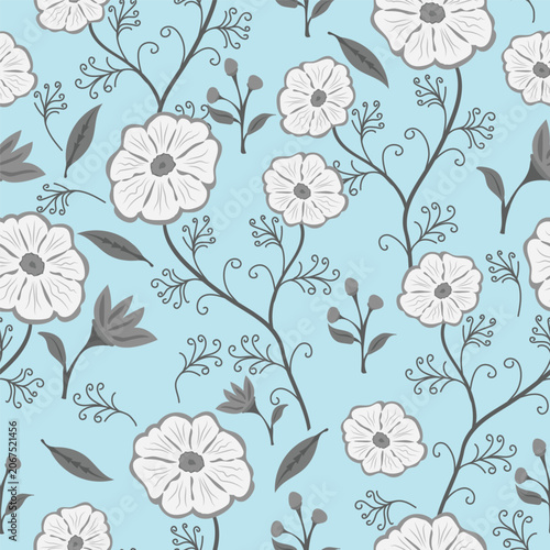 Seamless Floral Vector Pattern with White Flowers Gray Leaves and Dark Stems on Light Blue Background for Textile Fabric Wallpaper Wrapping Paper and Surface Pattern Design