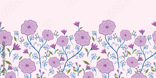 Seamless Floral Border Vector Pattern with Purple Lavender Flowers Blue Vines and Green Leaves on Light Pink Background for Textile Fabric Wallpaper and Surface Pattern Design