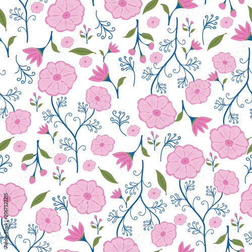 Seamless Floral Vector Pattern with Pink Flowers Blue Vines Green Leaves and Pink Tulip Buds on White Background for Textile Fabric Wallpaper Wrapping Paper and Surface Pattern Design