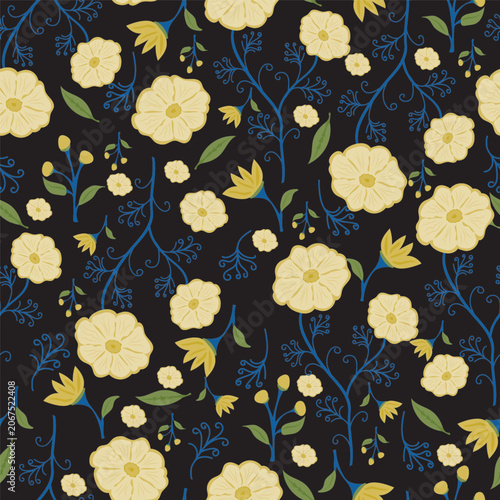 Seamless Floral Vector Pattern with Yellow Cream Flowers and Blue Vines on Black Background for Textile Fabric Wallpaper Wrapping Paper and Surface Pattern Design