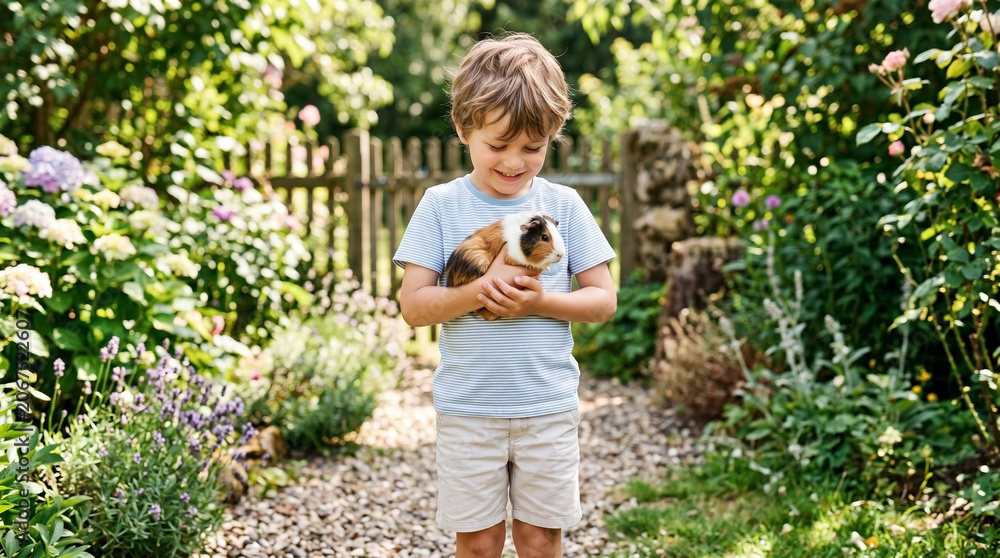 Fototapeta premium Boy holding guinea pig outdoors in garden surrounded by flowers and greenery, smiling with joy while petting furry friend. This delightful scene captures a moment of companionship for pet lovers.