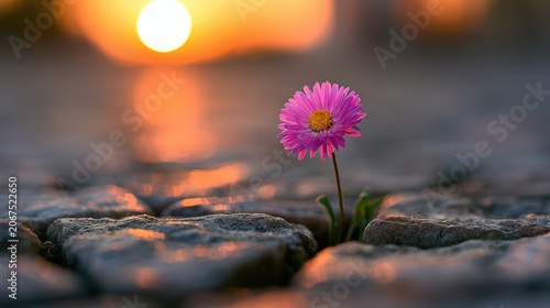 Delicate pink flower blooms from cracked stone, bathed in sunset glow