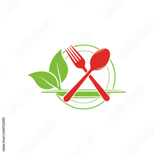 Healthy food logo design featuring crossed fork and spoon with green leaves