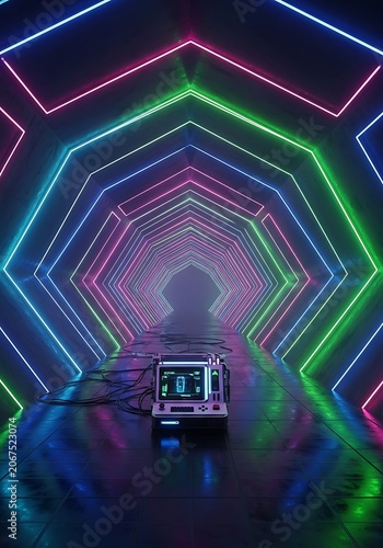 Abstract digital tunnel with glowing neon lights.