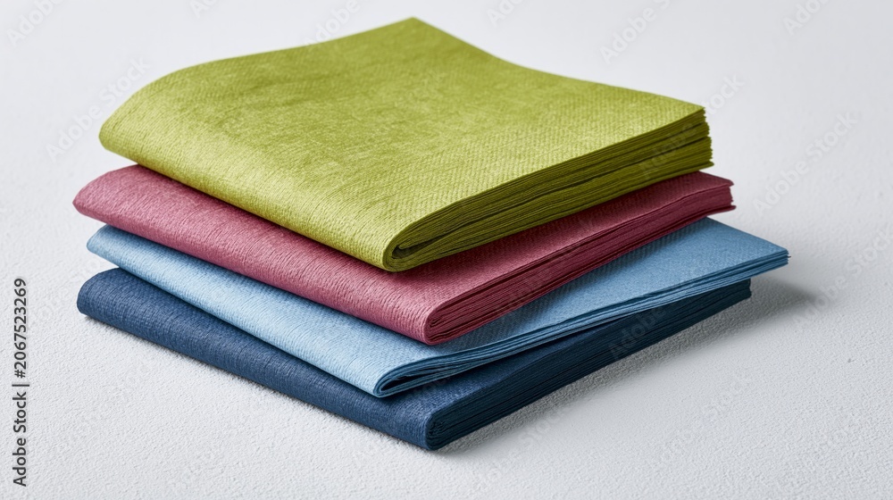 Fototapeta premium Colorful paper napkins rest on a white surface.