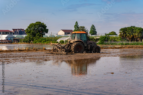 Canvastavla A farm tractor is plowing the field.