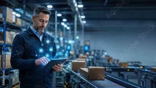 Logistics Manager Using Tablet with Digital Interface in Warehouse