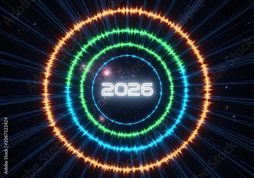 Abstract futuristic digital clock with neon glow.