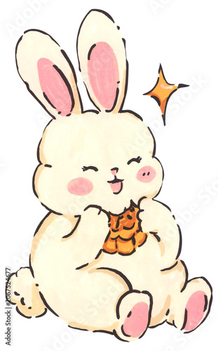 Mid Autumn rabbit illustration, cute bunny character with mooncake, Chinese moon festival celebration, traditional oriental culture symbol, whimsical hand drawn greeting card design.