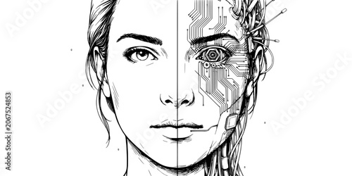 Portrait of a Woman with One Side Featuring a Cybernetic Design, Blending Human and Technology Elements in a Stylized Illustration